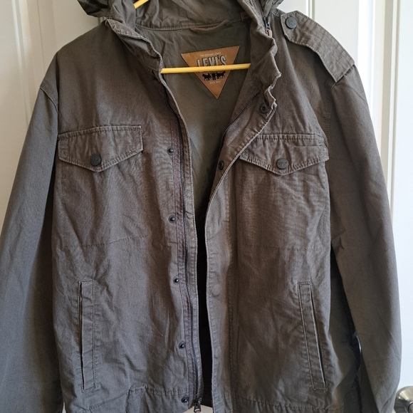 Men's LEVIS UTILITY jacket zip snap closure pockets olive green hood *FLAW* - Picture 9 of 10